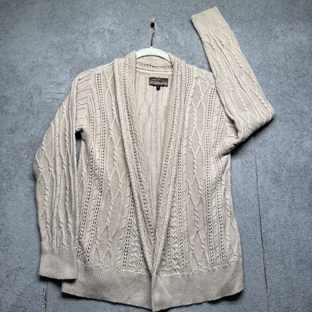 Overland Men's Beige Cable Knit Open Front Fisherman Cardigan‎ Sweater Small